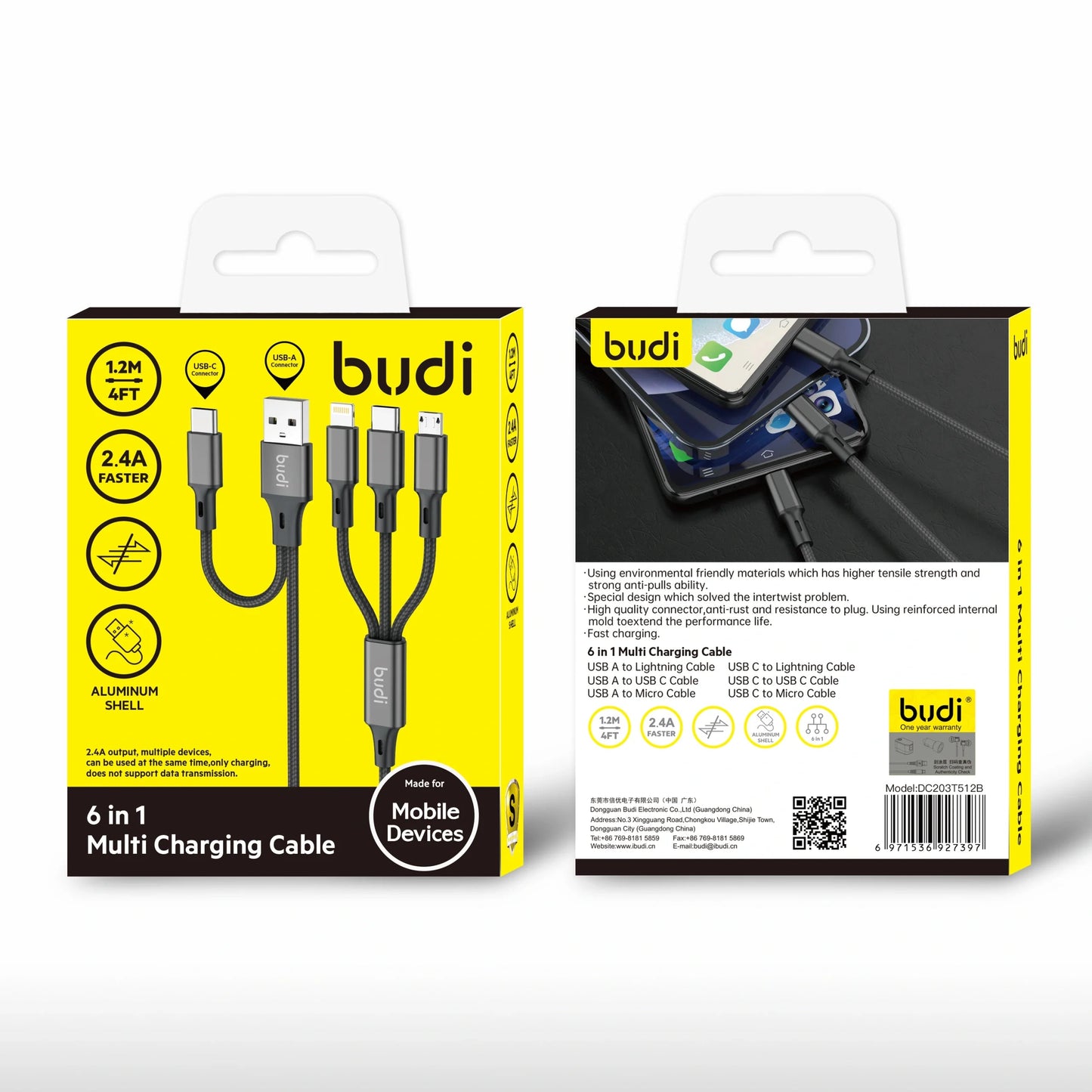 Budi DC203T512B 1.2m 6 in 1 cable