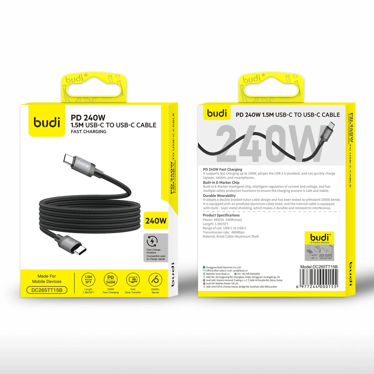 Budi DC265TT15B 1.5m 240W Type-C to C Cable