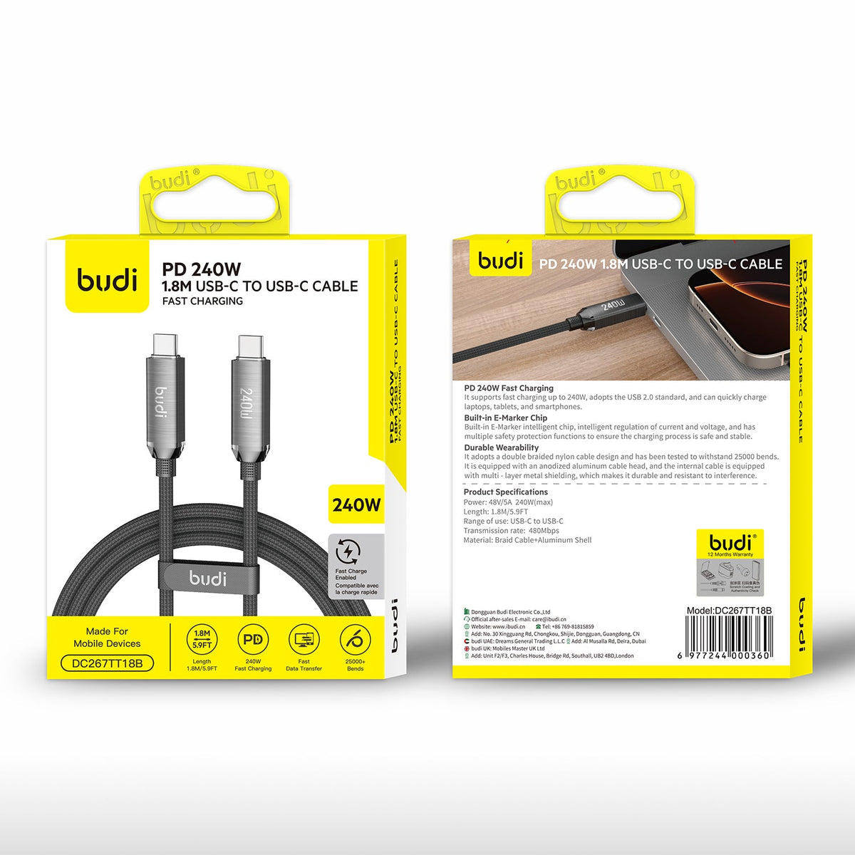 Budi DC267TT18 1.8m PD 240W Type-C to C Cable