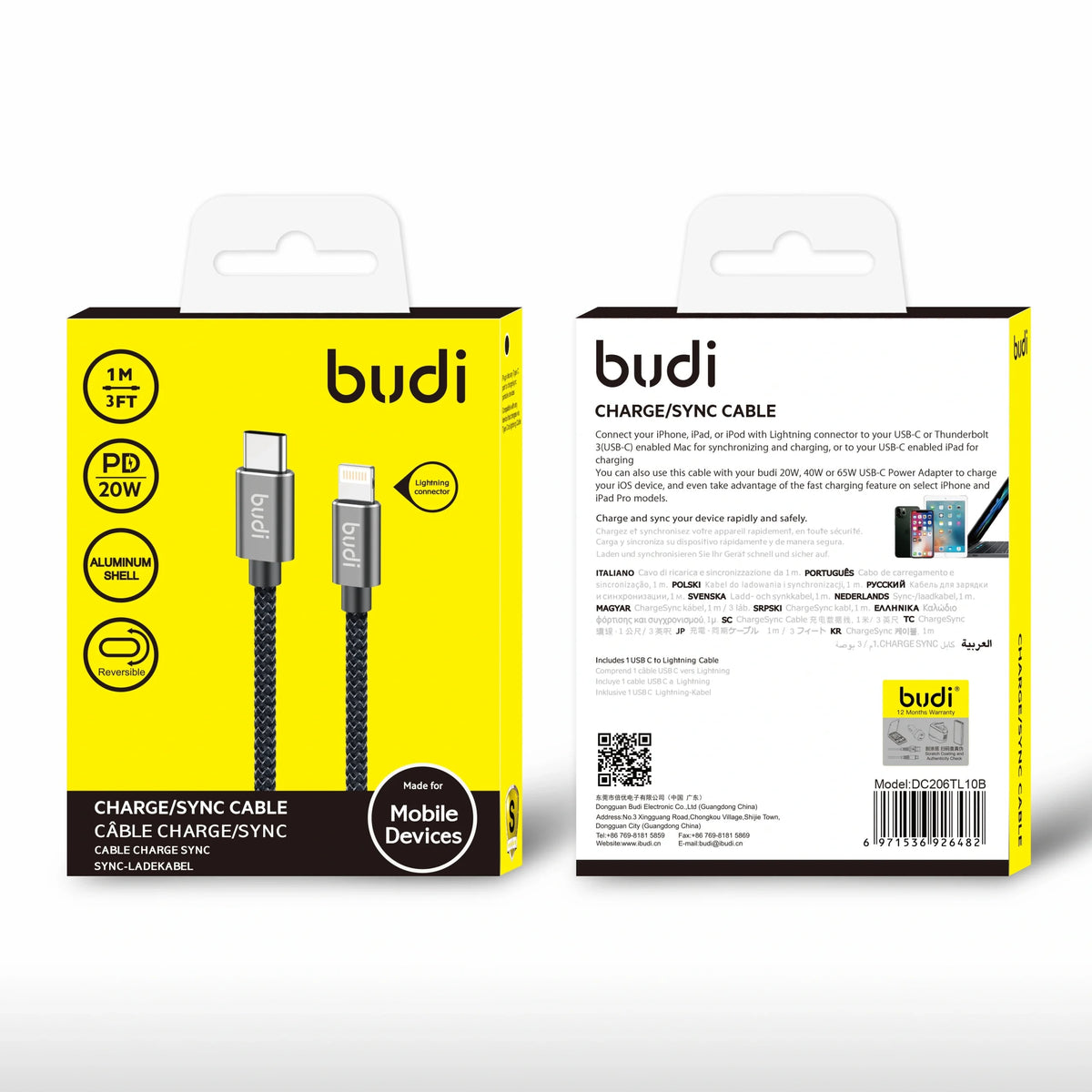 Budi DC206TL10 1m 20W Type-C to Lightning cable