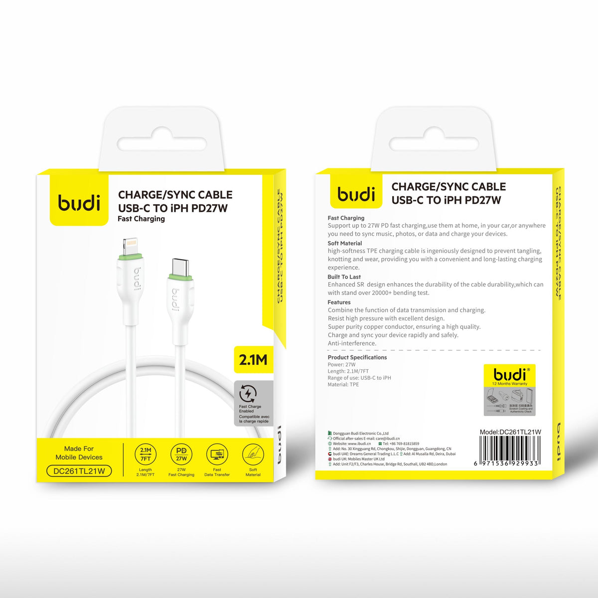 Budi DC261TL21W 2.1m 27W Type-C to Lightning Cable