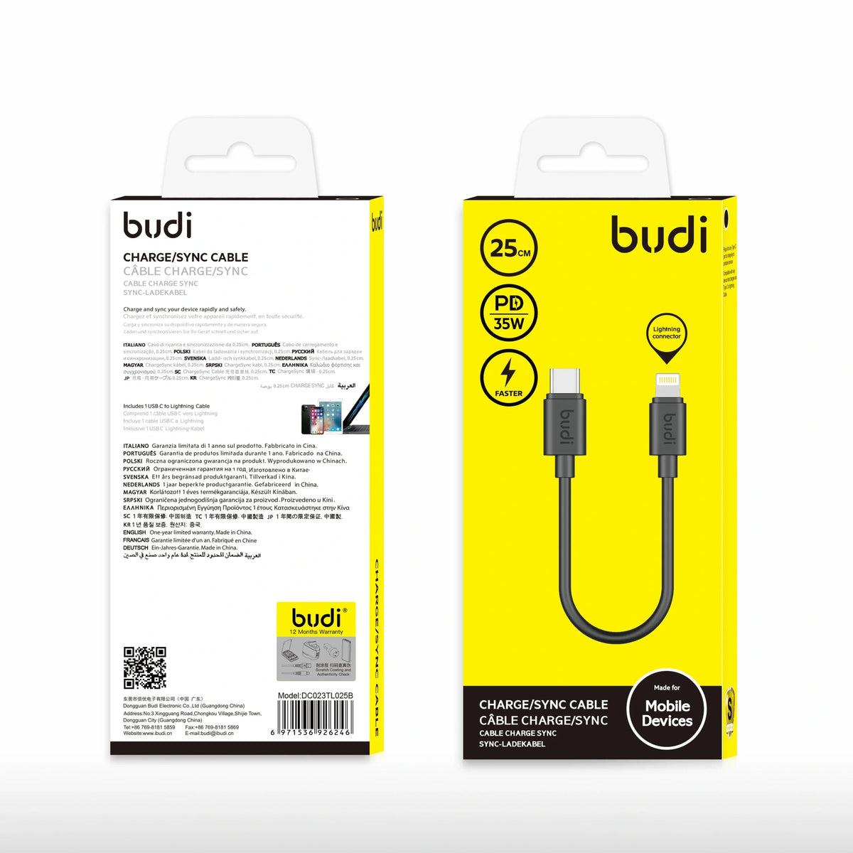 Budi DC023TL025 25cm 35W Type-C to Lightning Cable