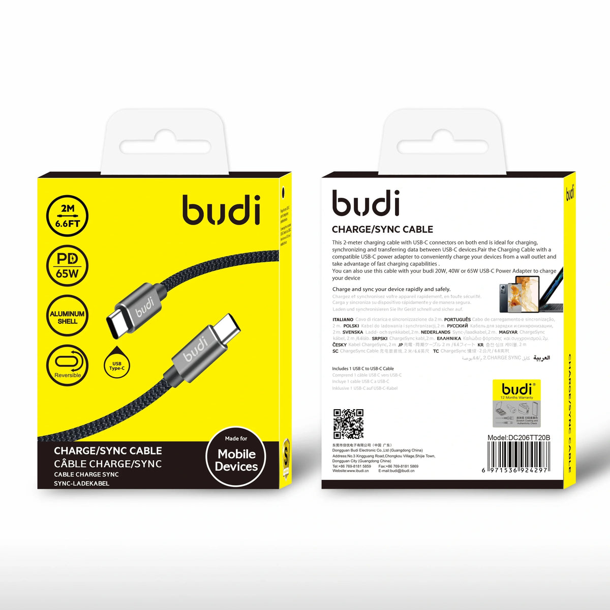 Budi DC206TT20B 2m 65W Type-C to C cable
