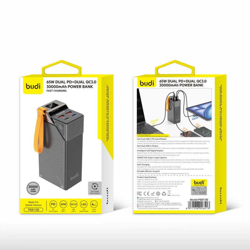 Budi PB810B PD+Dual QC3.0 65W 30000 mah Power Bank