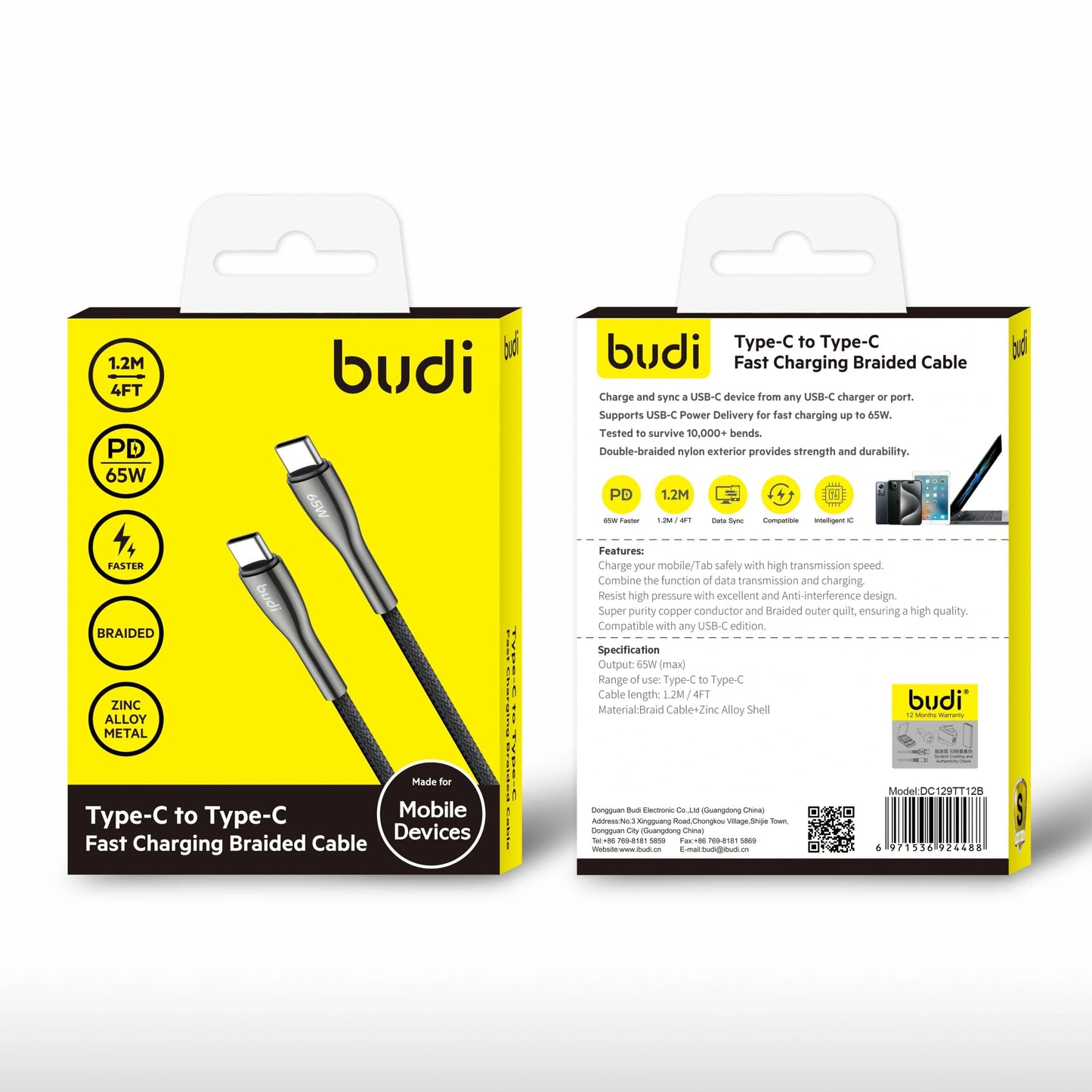 Budi DC129TT12B 1.2m 65W Type-C to C Cable