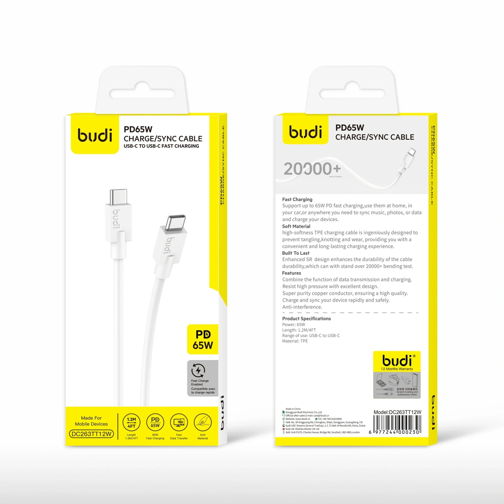 Budi DC263TT12 1.2m 65W Type-C to C Cable