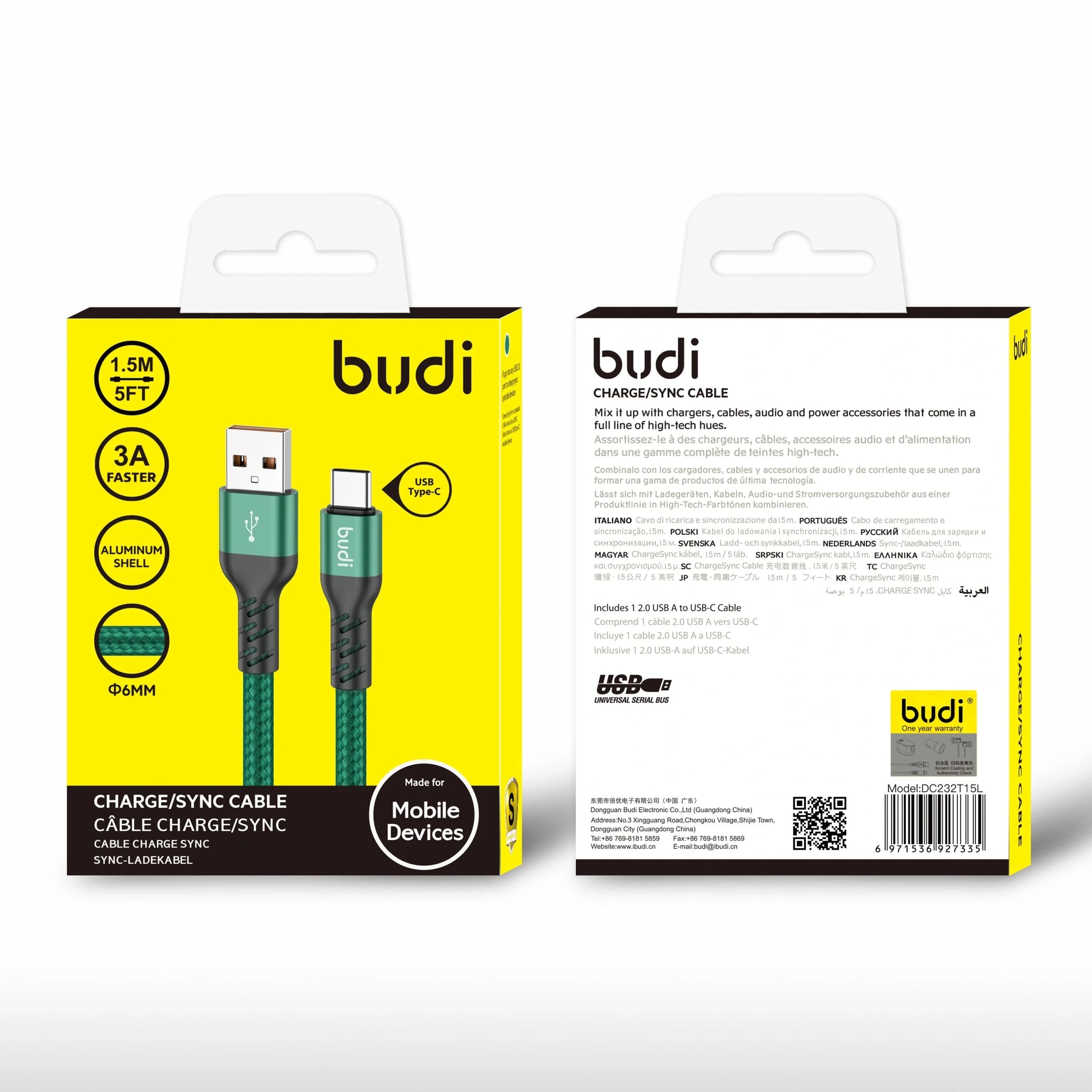 Budi DC232T15L 1.5m USB-A to C cable