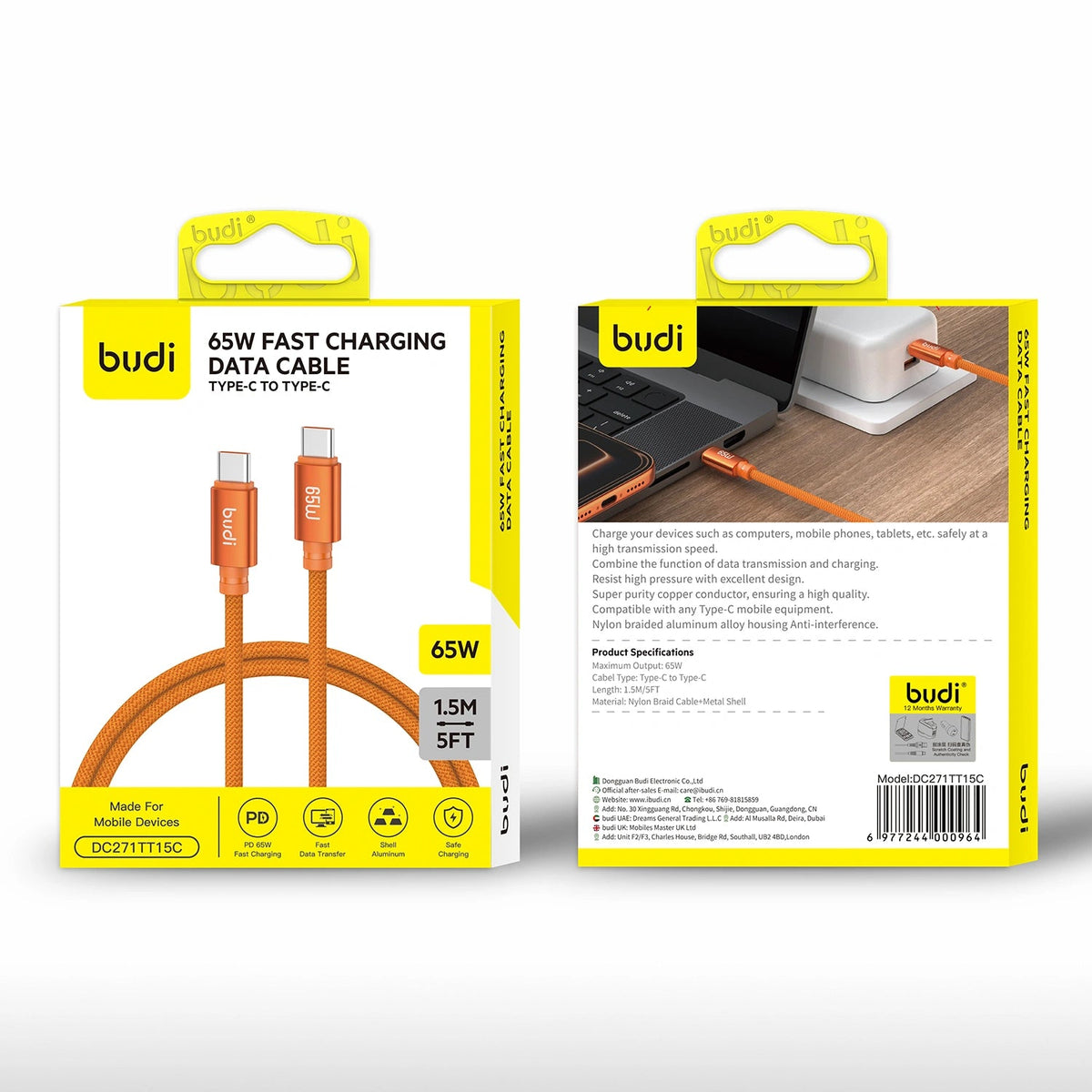 Budi DC271TT15 1.5m 65W Type-C to C Cable