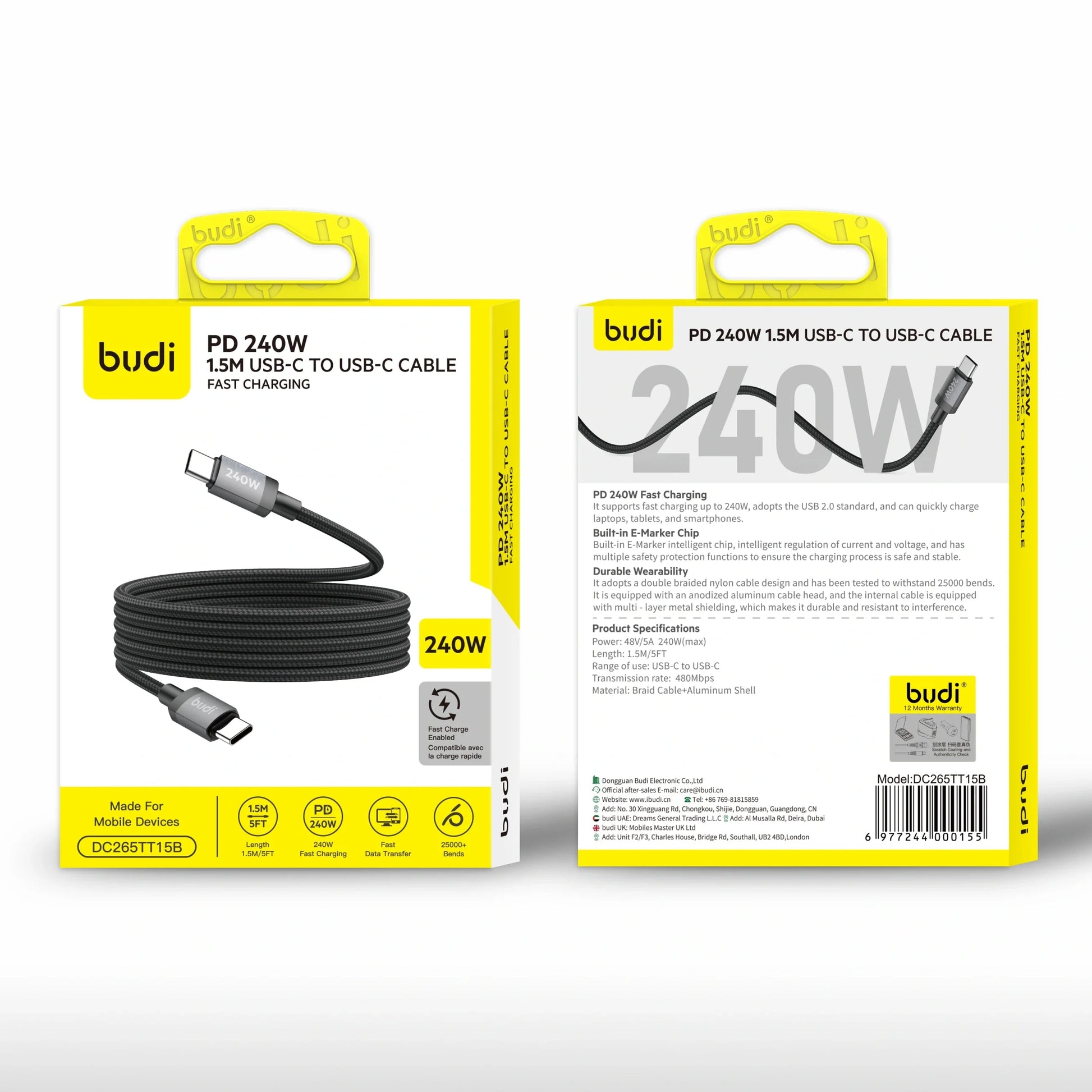 Budi DC265TT15B 1.5m 240W Type-C to C Cable
