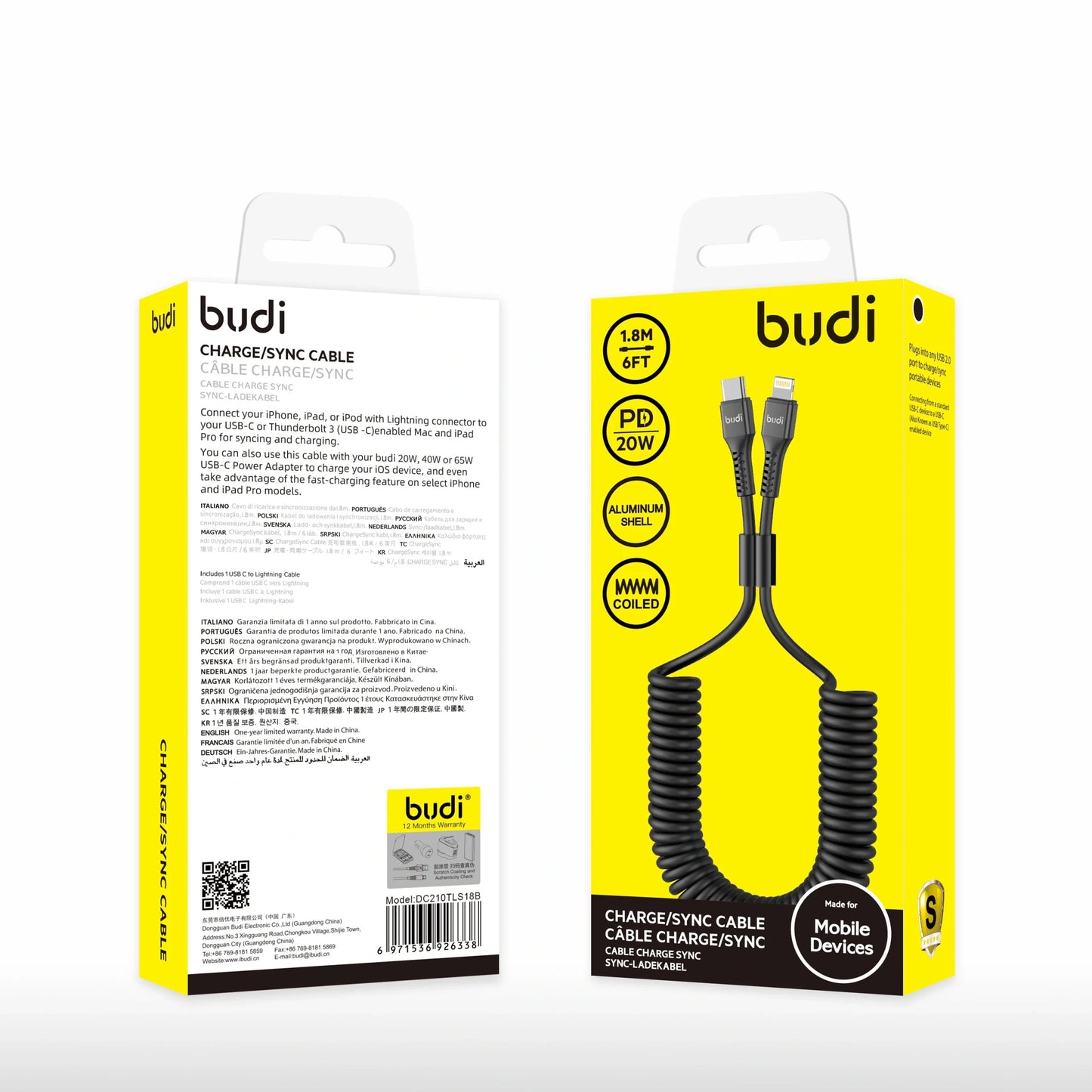 Budi DC210TLS18 1.8M 20W Type-C to Lightning cable