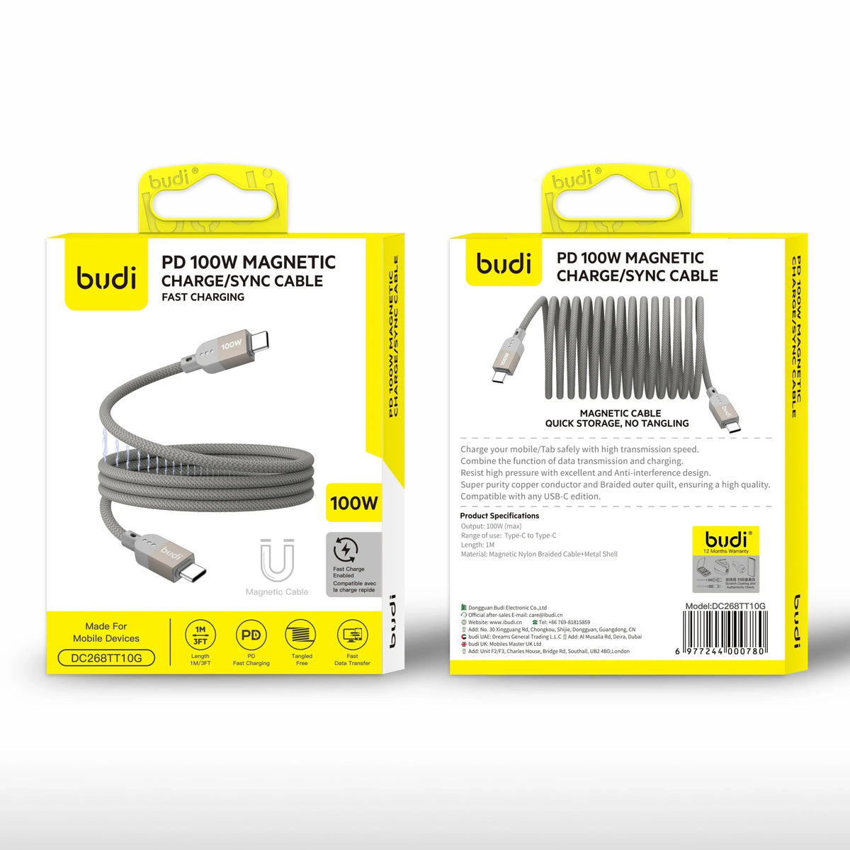 Budi DC268TT10G 1M 100W Type-C to C Magnetic Cable