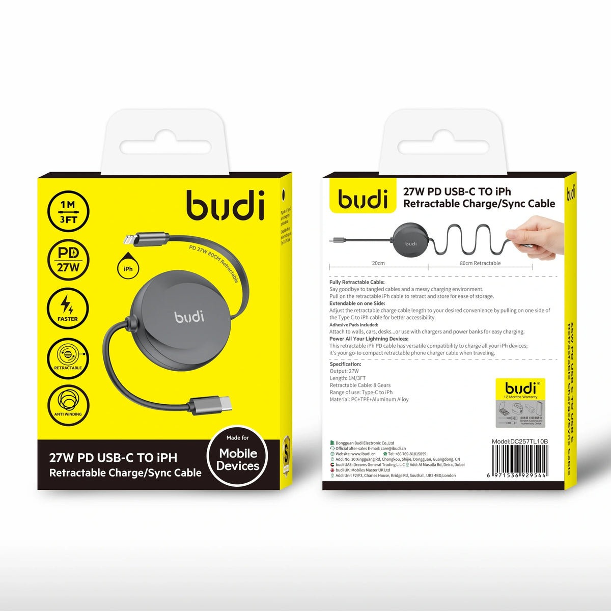 Budi DC257TL10B 1m 27W Type-C to Lightning Cable