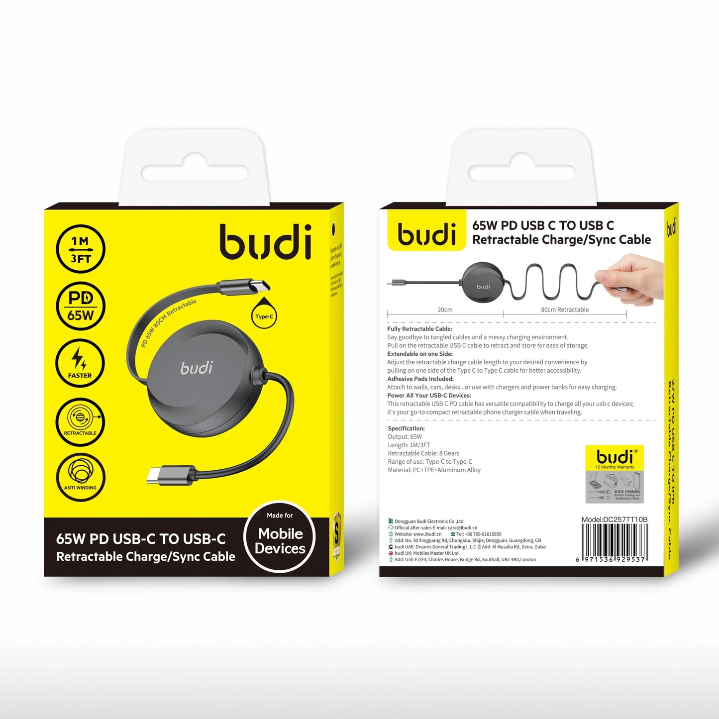 Budi DC257TT10B 1m 65W Type-C to C Cable
