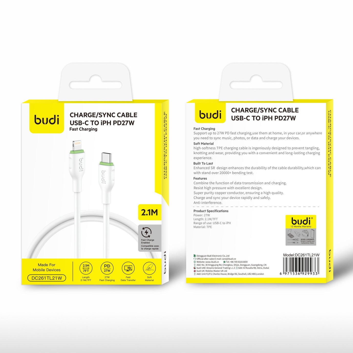 Budi DC261TL21W 2.1m 27W Type-C to Lightning Cable