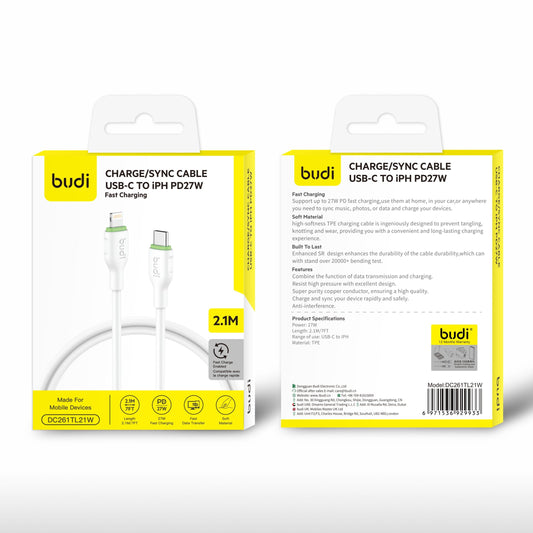 Budi DC261TL21W 2.1m 27W Type-C to Lightning Cable