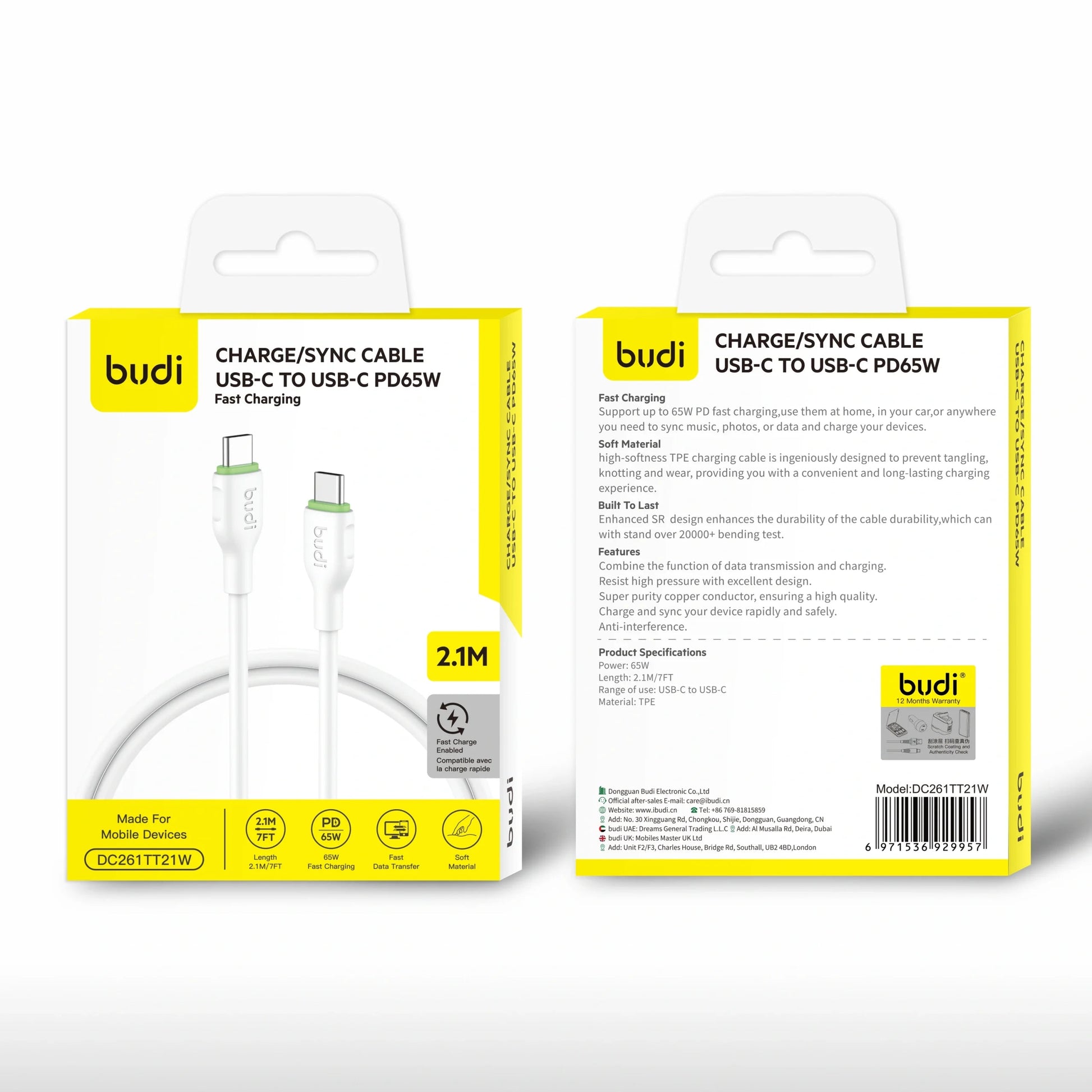 Budi DC261TT21W 2.1m Type-C to C Cable