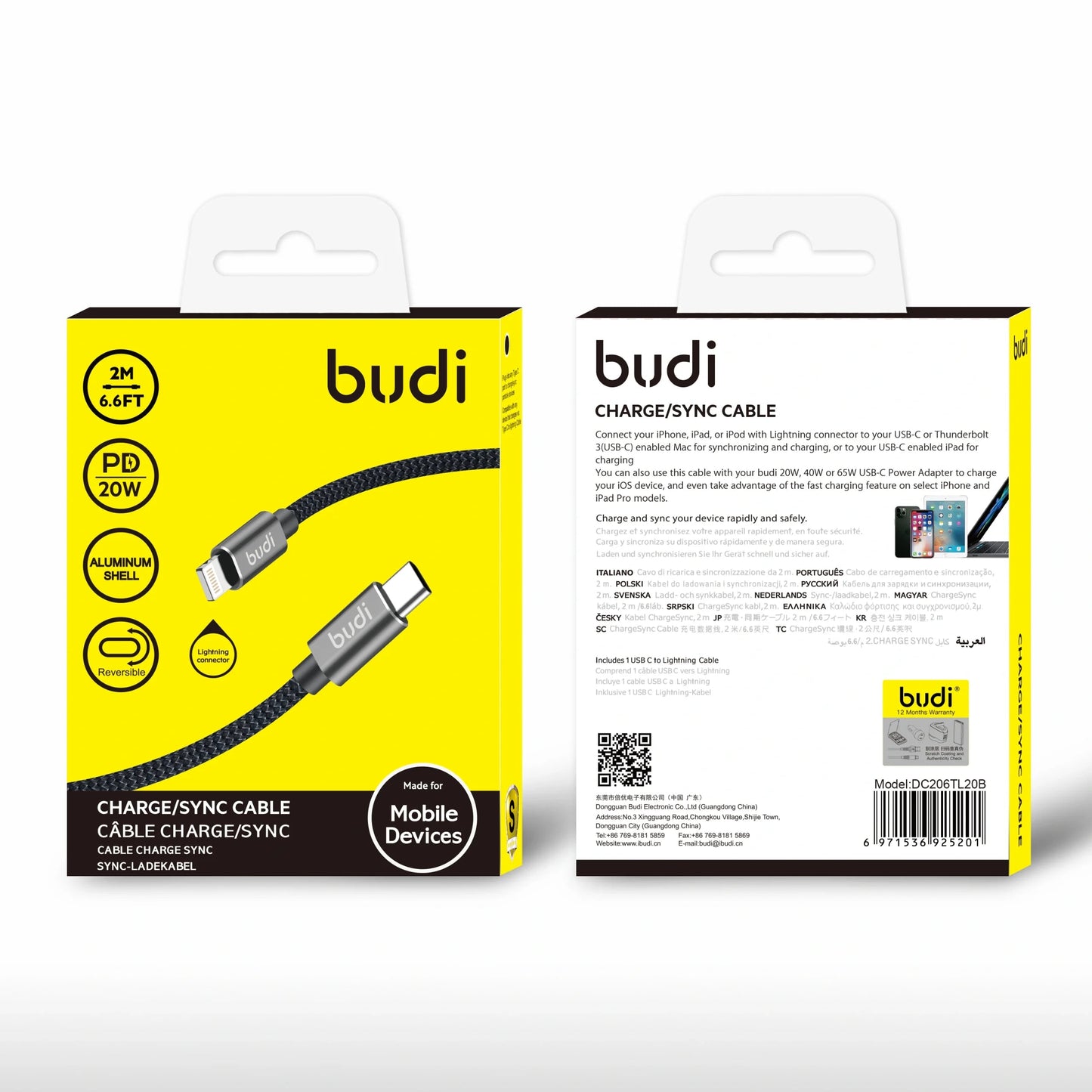 Budi DC206TL20 2m 20W Type-C to Lightning cable