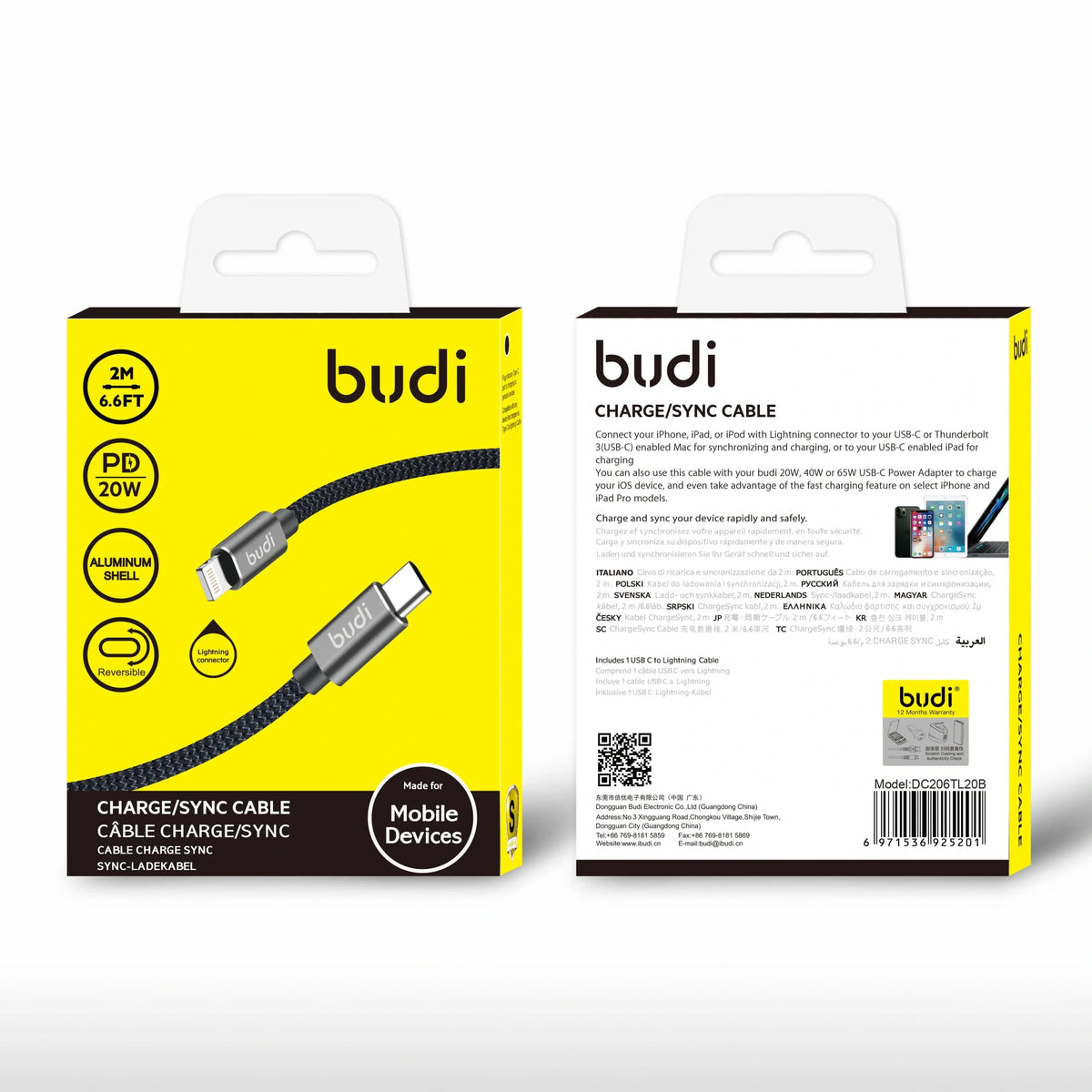 Budi DC206TL20 2m 20W Type-C to Lightning cable