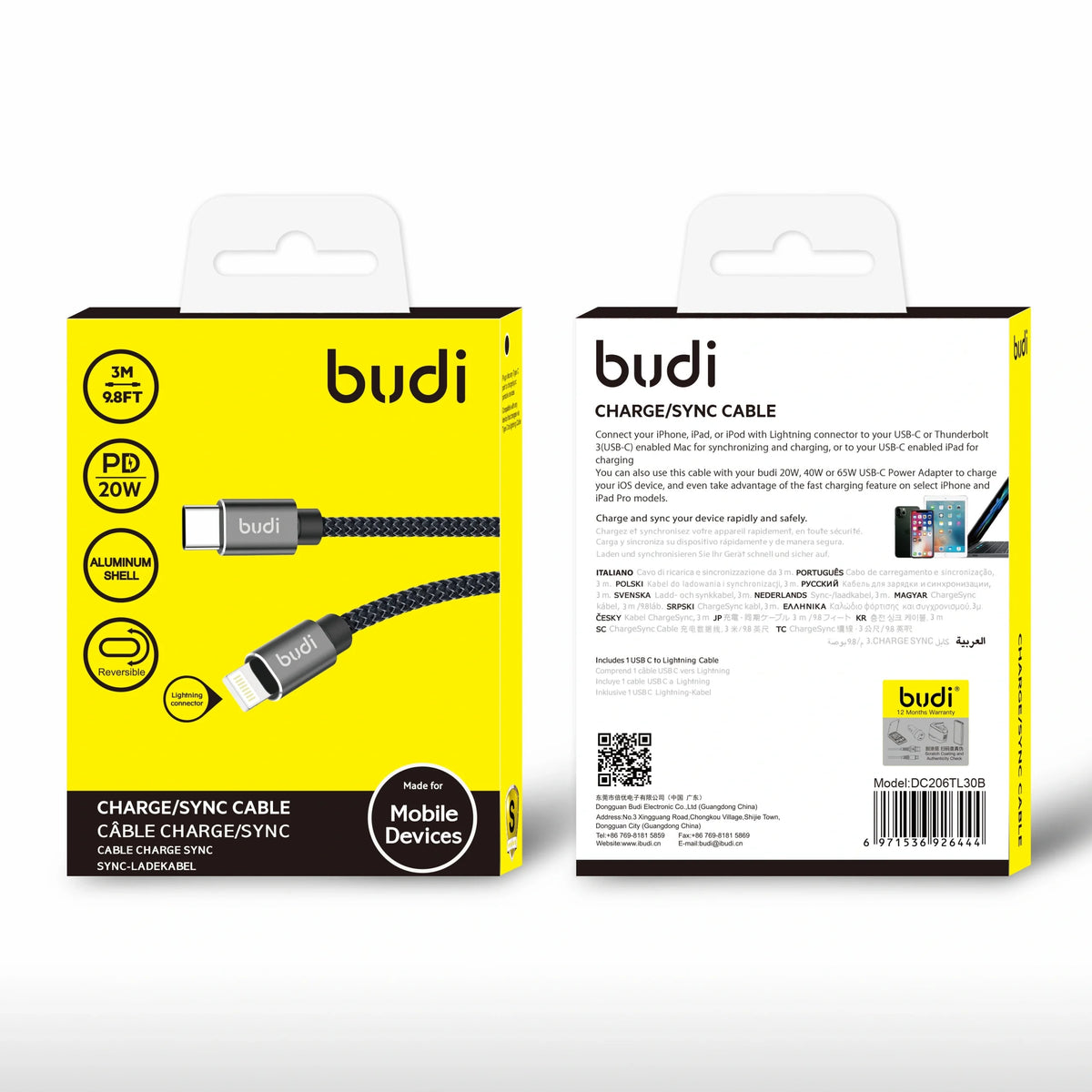Budi DC206TL30 3m 20W Type-C to Lightning cable