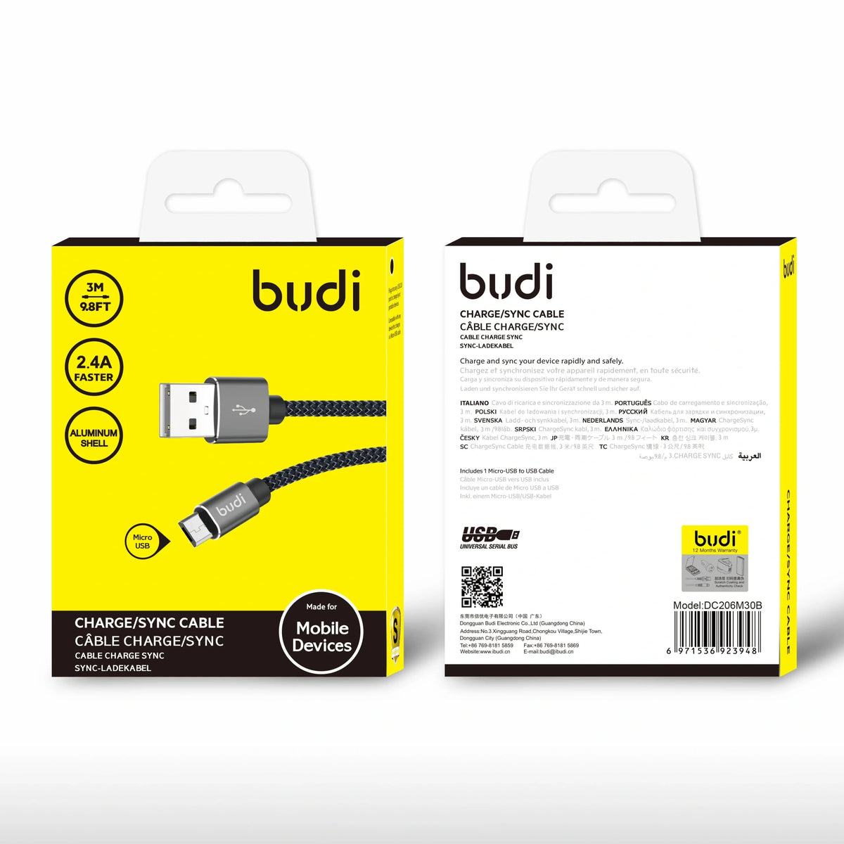 Budi DC206M30B 3m USB-A to Micro cable