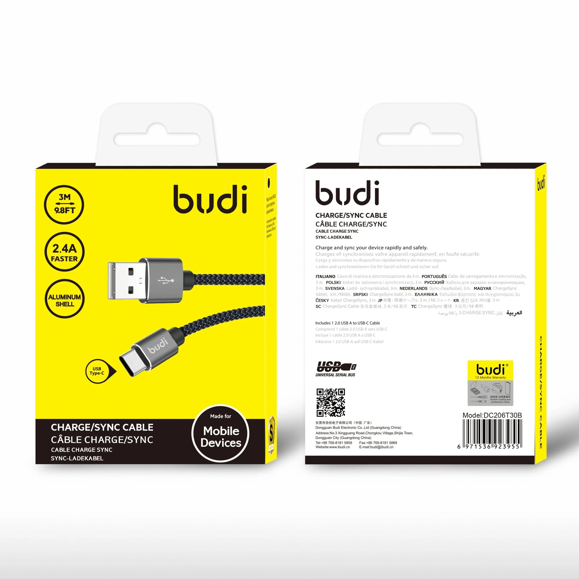 Budi DC206T30 3m USB-A to C cable