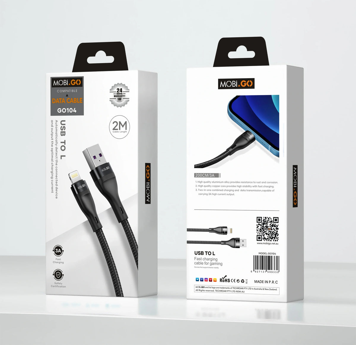 Mobigo GO104 2m USB-A to Lightning cable